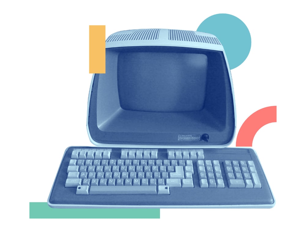 A vintage duotone computer with color splashes