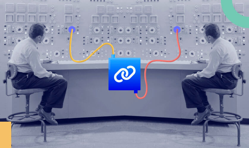 A vintage image of two men working at a huge switchboard