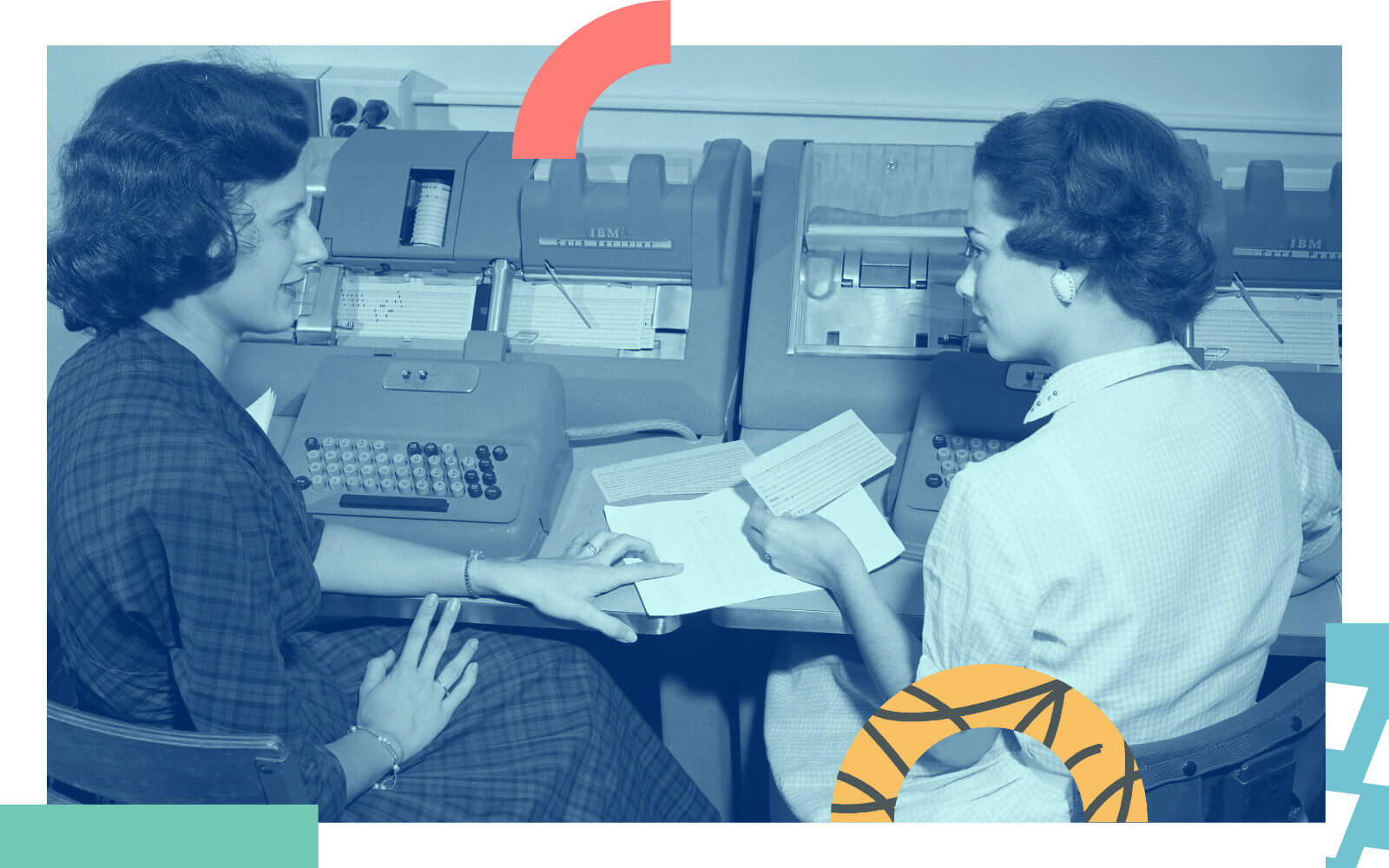 Vintage photograph of two woman working on computers