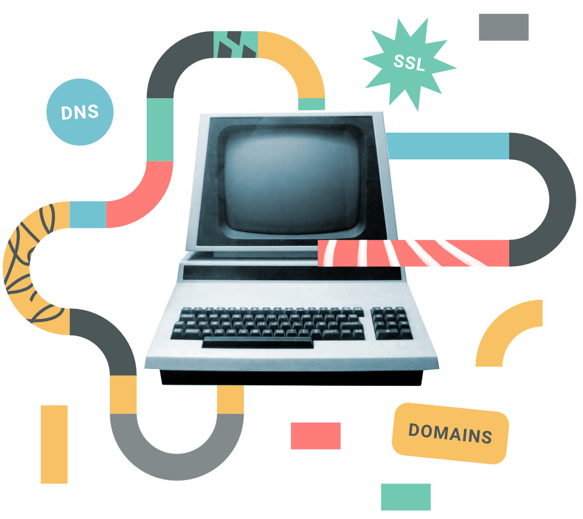 A vintage computer illustrating a modern API for domain management