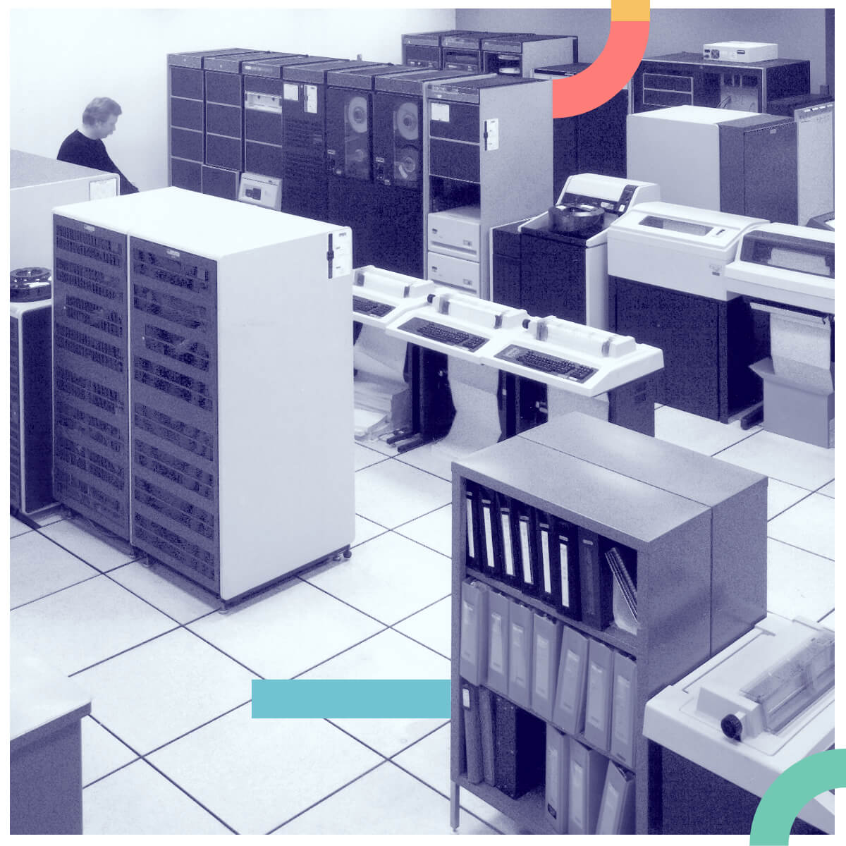 A computer room circa 1970s showing computer tapes to illustrate DNSimple's Enterprise modern features