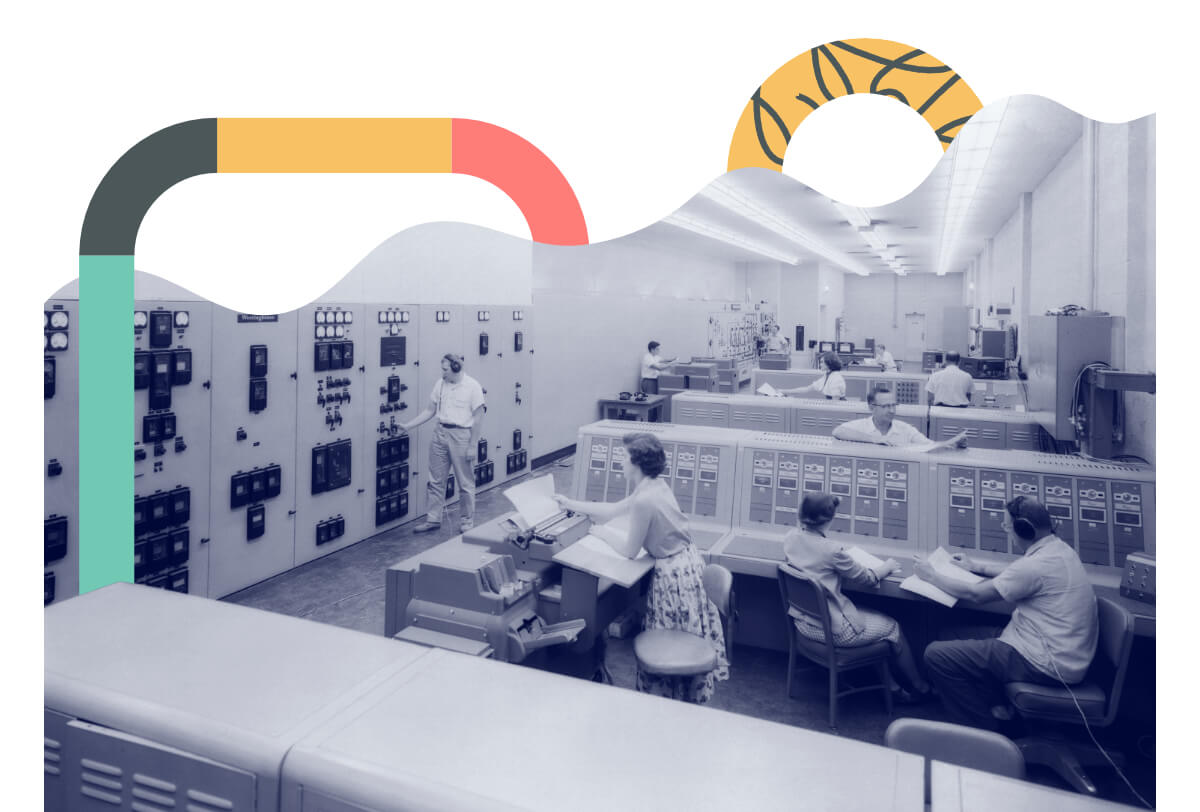vintage black and white image of a server farm with graphic
