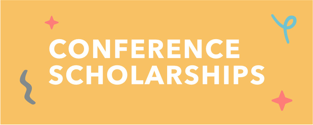 yellow image with the text conference scholarships