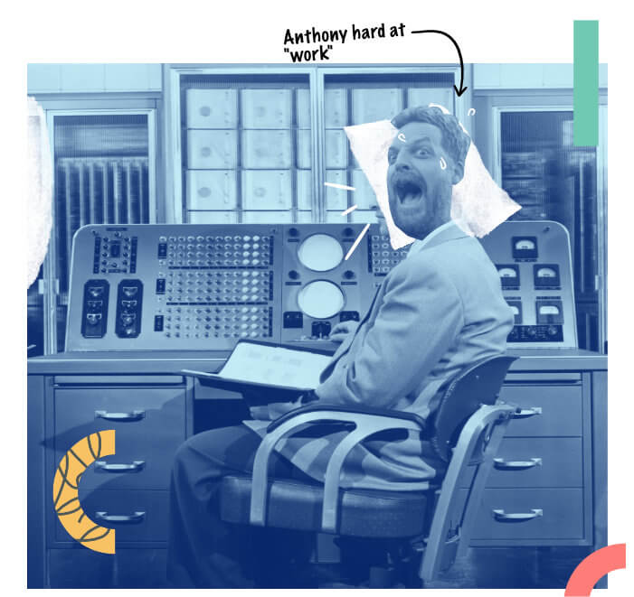 Vintage image of Anthony screaming in front of an old control center