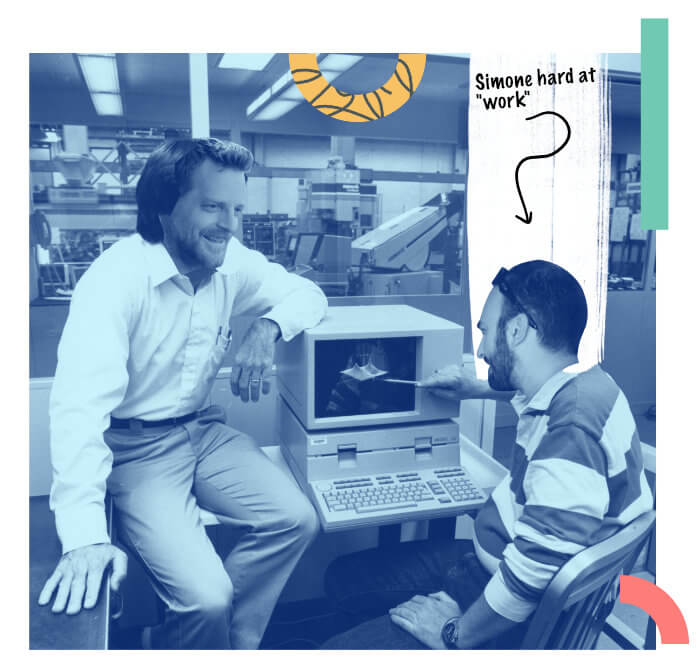 vintage image of Anthony sitting on a desk talking to Simone over a computer
